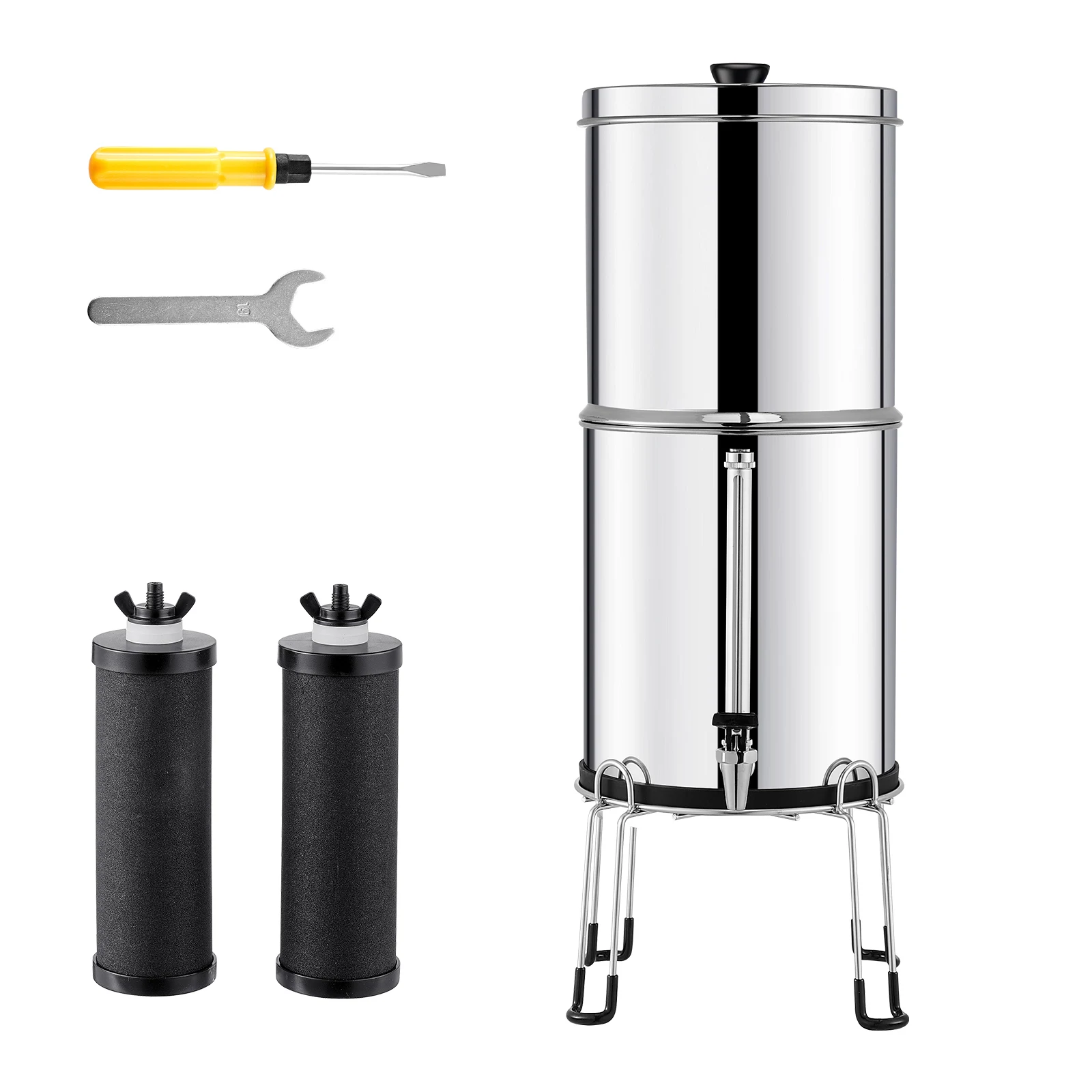 Gravity-fed Water Filter System, 2.25G 304 Stainless-Steel Countertop System, Reduces Lead and up to 99% of Chlorine, Featuring 2 Carbon Filters, Water Filtration System, Water Level Spigot, Stand