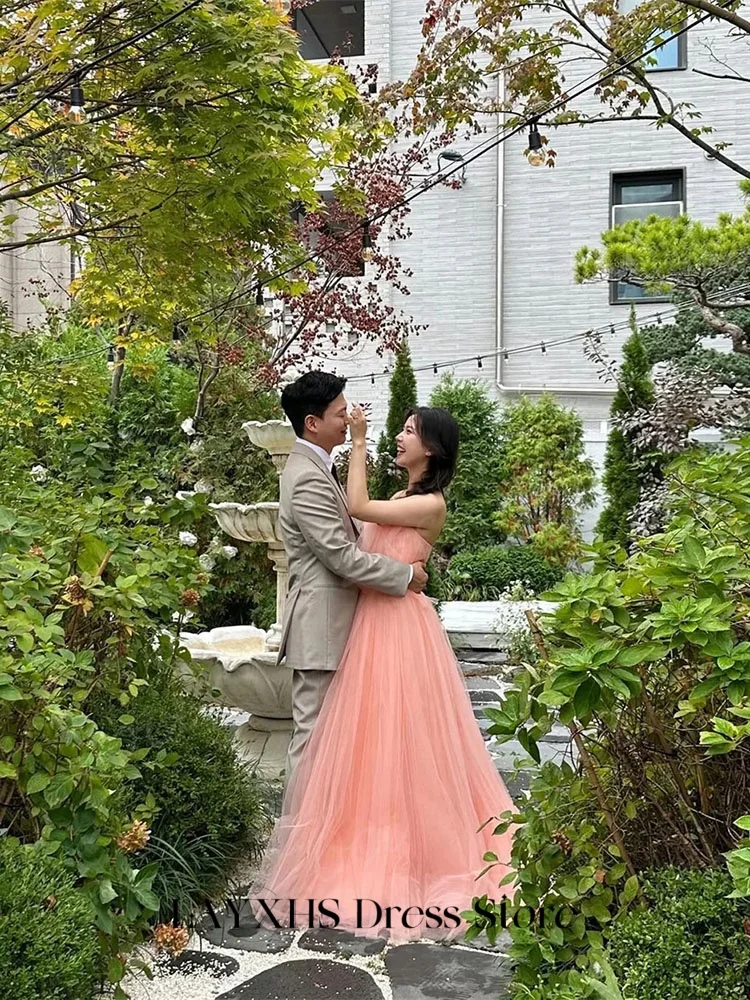 LAYXHS ファッションウェディングドレス韓国ピンクストラップレス A ラインチュールブライダルドレスカスタマイズ hochzeitspartykleid