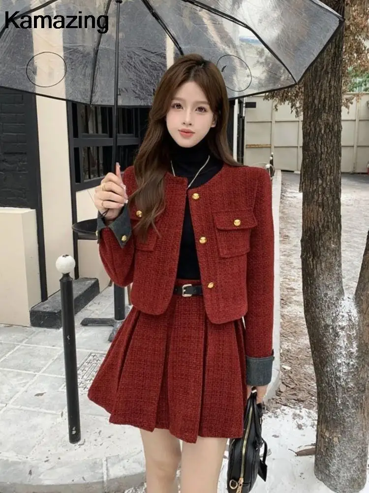 Autumn Winter New Red Tweed Two-piece Skirt Set Women Short Jacket Coat Pleated Mini Skirt Korean Fashion Chic Female Outfits