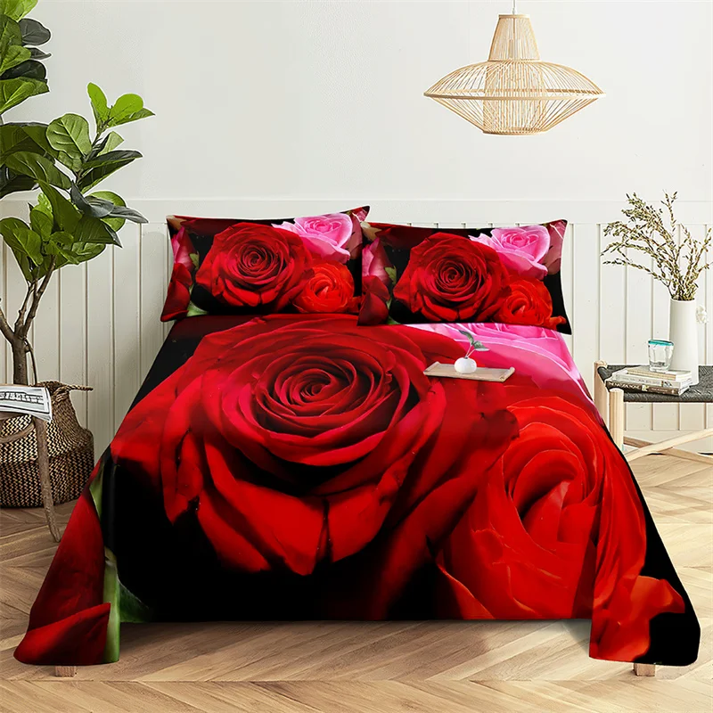 

Red Luxury Rose Queen Size Sheet Set Kid's Room Flower Bedding Set Bed Sheets and Pillowcases Bedding Flat Sheet Bed Sheet Set