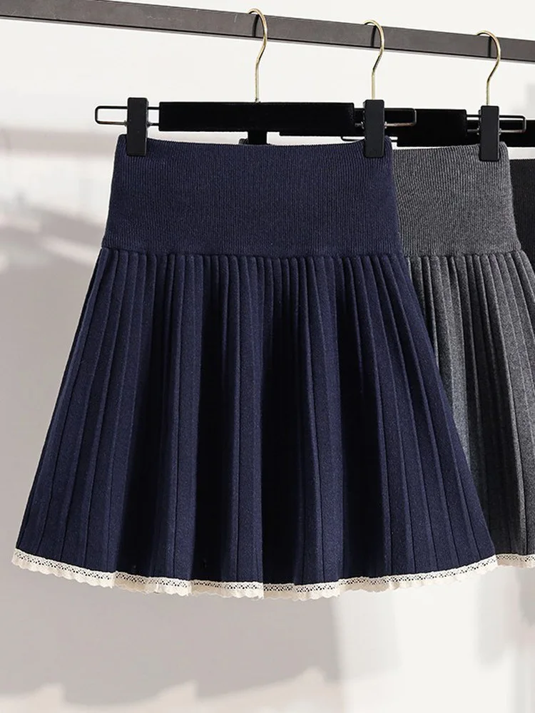 

plus Size Women's High Waist Short Skirt Lace Trim Knitted Pleated Slimming Midi Skirt Korean Style Loose Fit Commute Wear
