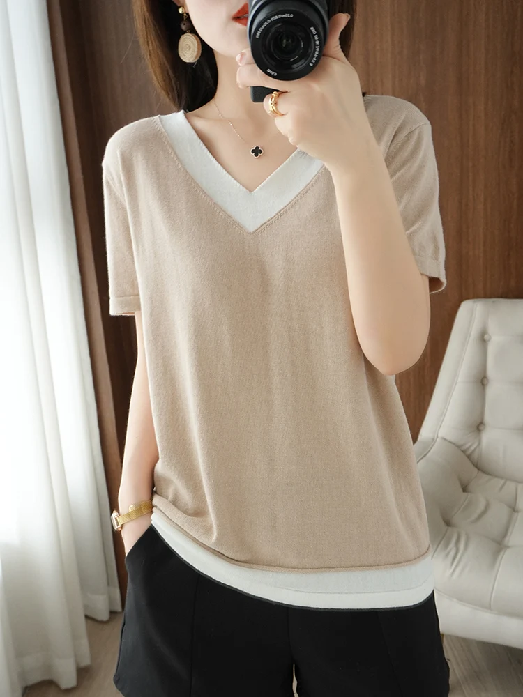 100% Cotton Spring Summer T-shirt Women Clothing V-neck Short Sleeve T-shirts Woman Color matching Casual Shirt Lady Tops