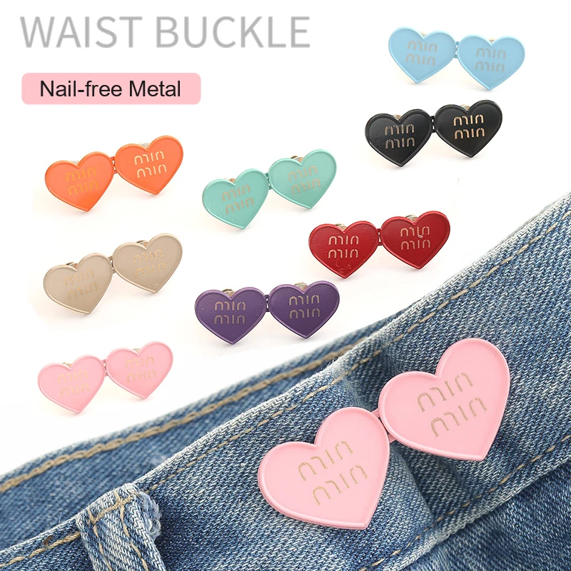 2Pcs Cute Heart Shaped Adjustable Jean Button Waist Buckle Snap Pants Buckle Extender Replacement Jeans Button Attacher Pins