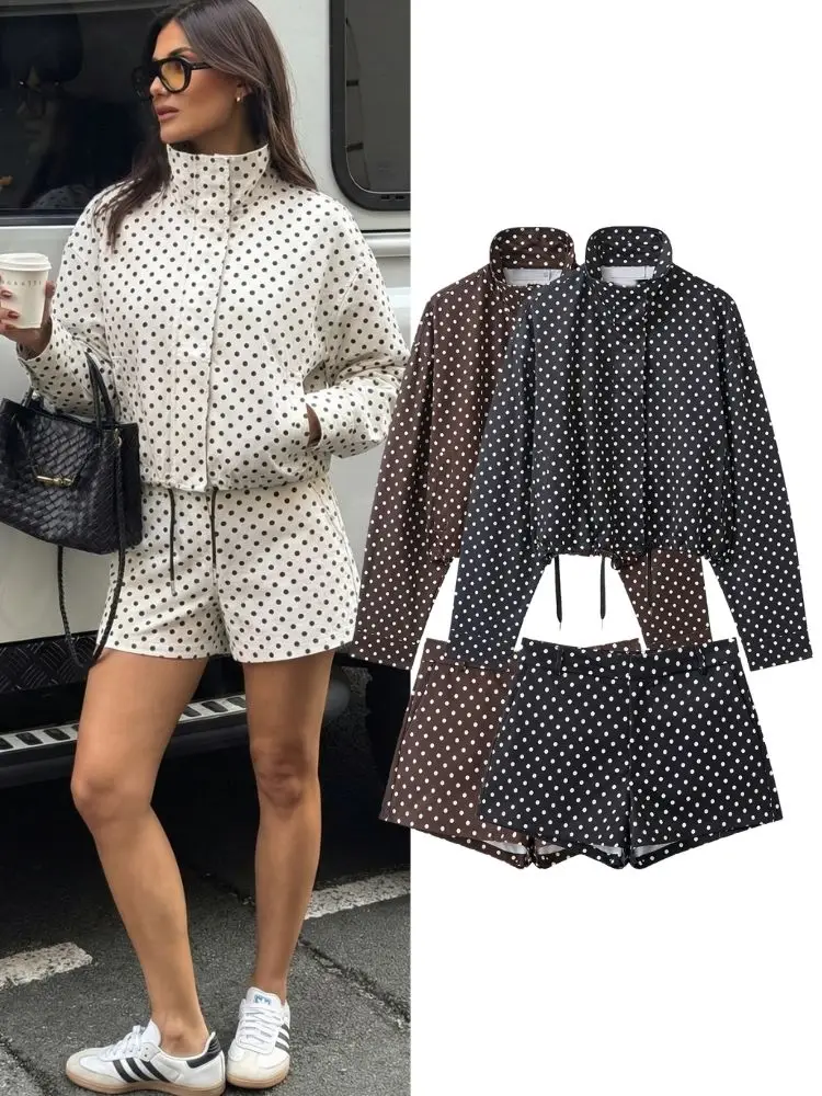HH Spring Autumn Women Polka Dot Print Two-Piece Set Fashion Long Sleeves Turtleneck Zipper Drawstring Casual Coats And Shorts