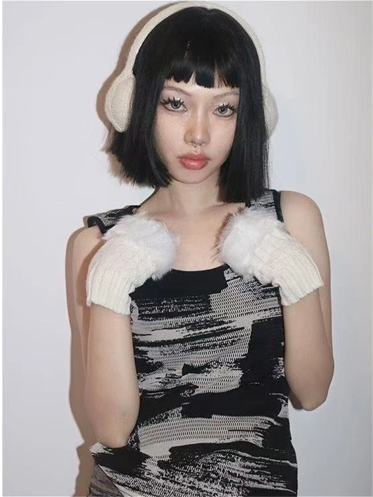 LOTDOOTN اليابانية Harajuku أفخم أصابع محبوك الكفة قفازات Y2K غطاء للأكمام شتاء دافئ الندى نصف اصبع الذراع قفازات القفازات