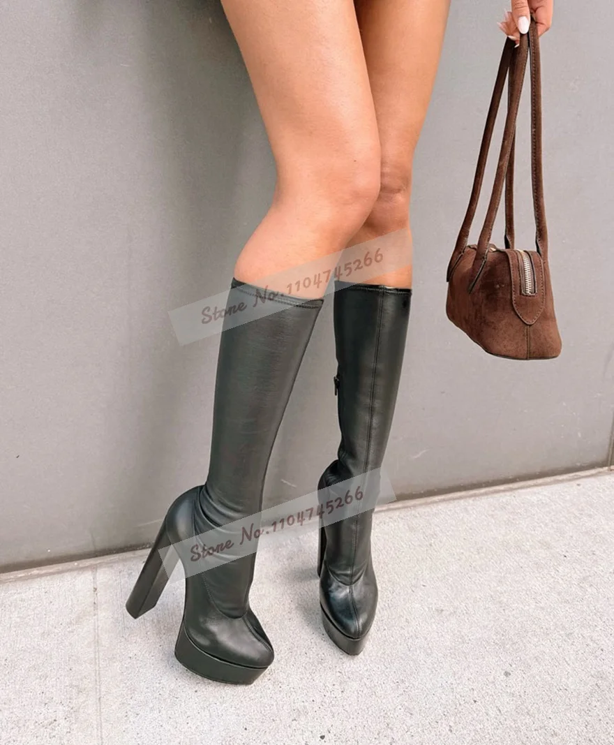 

Wooden Pattern Chunky Heel Knee High Boots Platform Stretchy Bodycon Tall Boots Black Matte Zipped Sexy Elastic Skinny Shoes