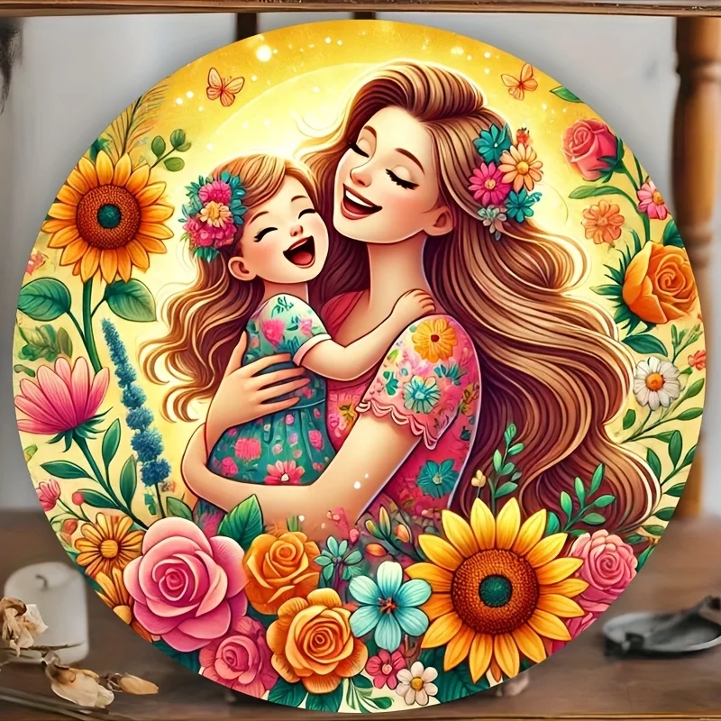 2D Flat, 2D Flat - Round Wooden Plaque with 2D Flat Design, Depicting a Mother and Child Pattern, Measuring 8.0 X 8.0inch, Ideal