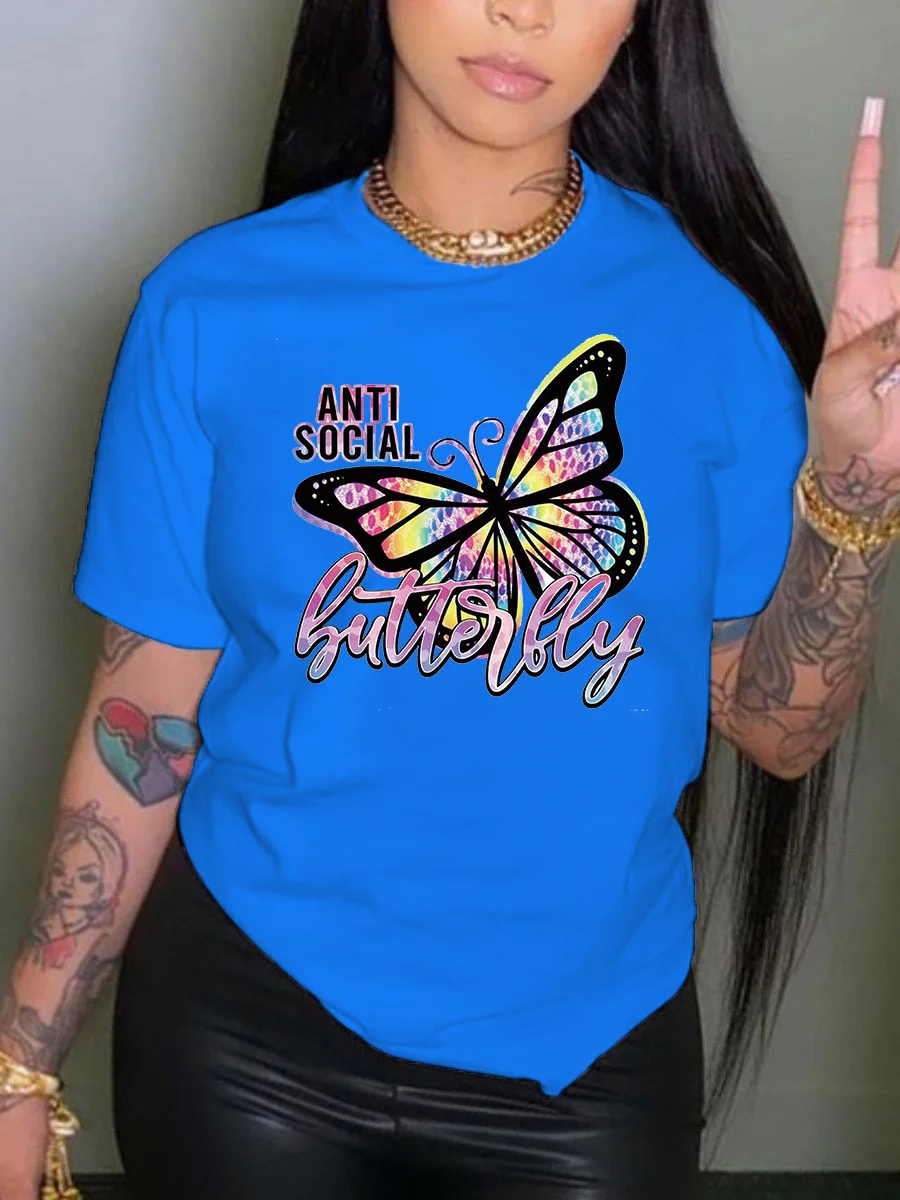 Fashion Plus Size Tops Rhinestone Butterfly Letter Print T-shirt Regular Short Sleeve Positioning Printing O Neck Tee For Women