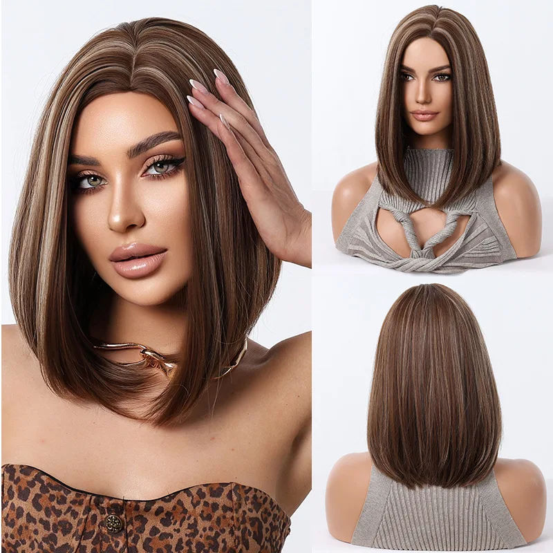 

Женский короткий прямой парик-каре золотисто-коричневого цвета с боковой и средней проборкой, модный европейский и американский стиль, длина до воротника.