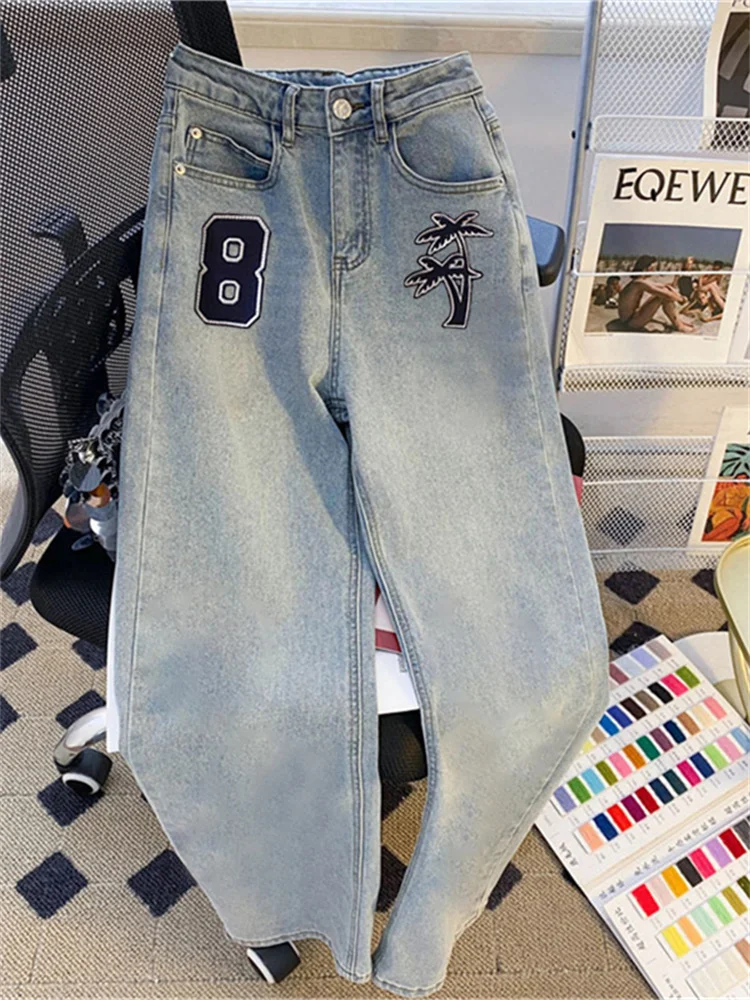 

Прямые джинсы с высокой талией в стиле ретро для мужчин и женщин, летние облегающие повседневные широкие брюки, модный джинсовый дизайн с синей талией