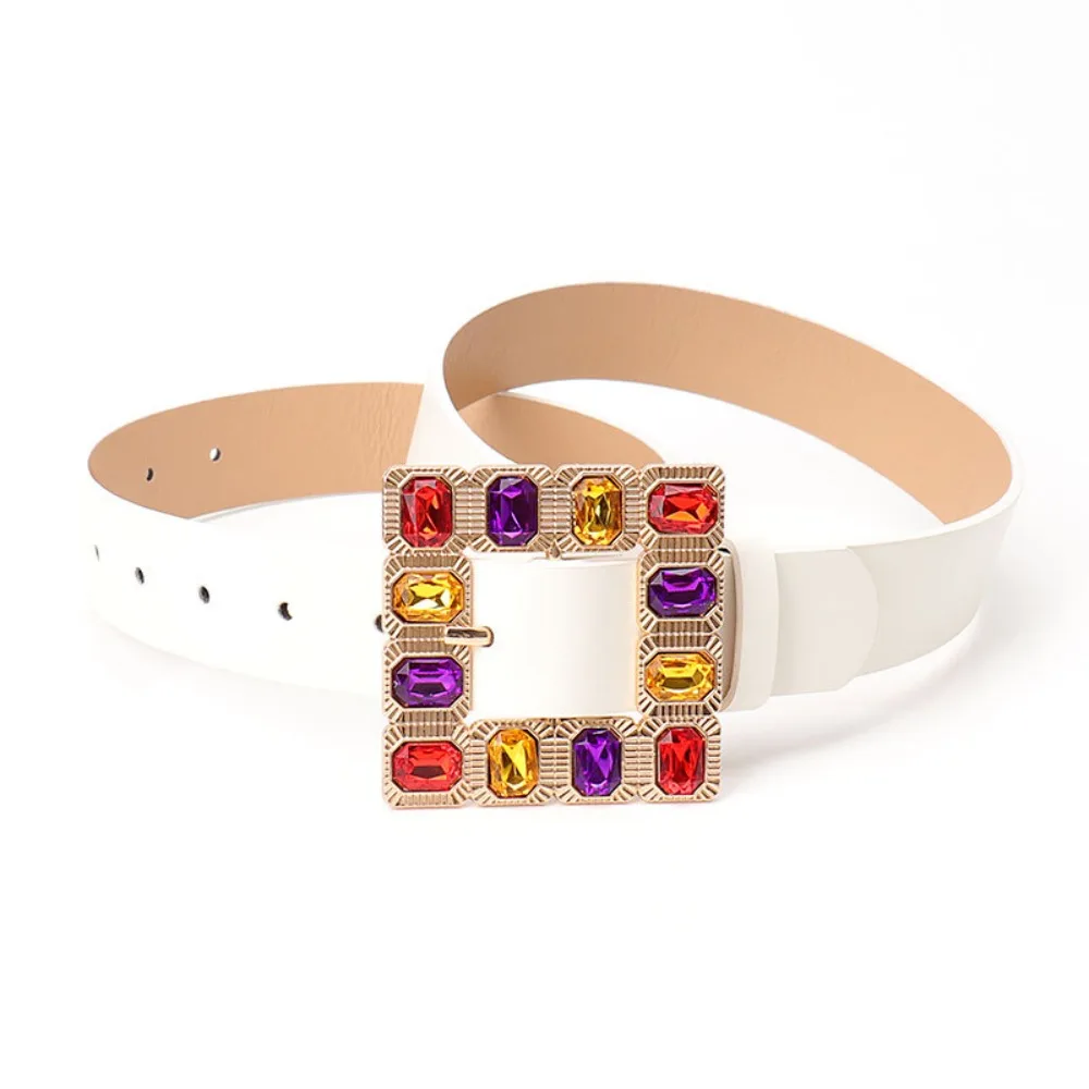 

Luxury Y2k Rhinestone Belt Square Buckle Pin Women Waistband Waist Strap Colorful PU Leather Belt Jeans Decorative