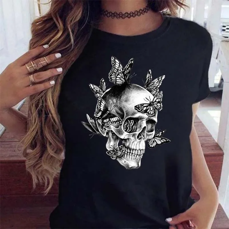 Maycaur Fashion Butterfly Skull Print Women T Shirt Summer Funny 90s Women Short Sleeves Tshirts Cartoon Graphic Tee T-Shirt