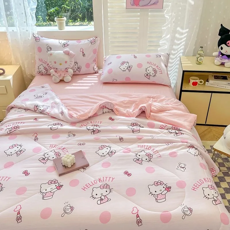 

Sanrioed Cartoon Hello Kitty Summer Quilt Four-piece Washed Cotton Air Conditioning Soft Thin Quilt Summer Machine Washable