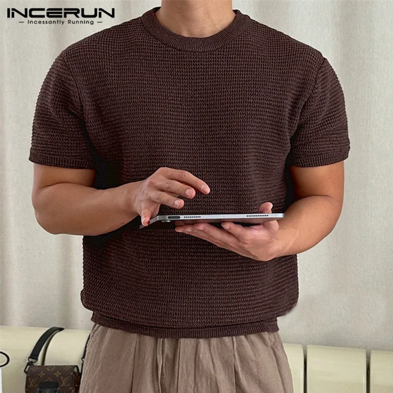 INCERUN Tops 2023 Korean Style Men Knitted Design T-shirts Casual Streetwear Male Solid Comfortable Short Sleeved Camiseta S-5XL