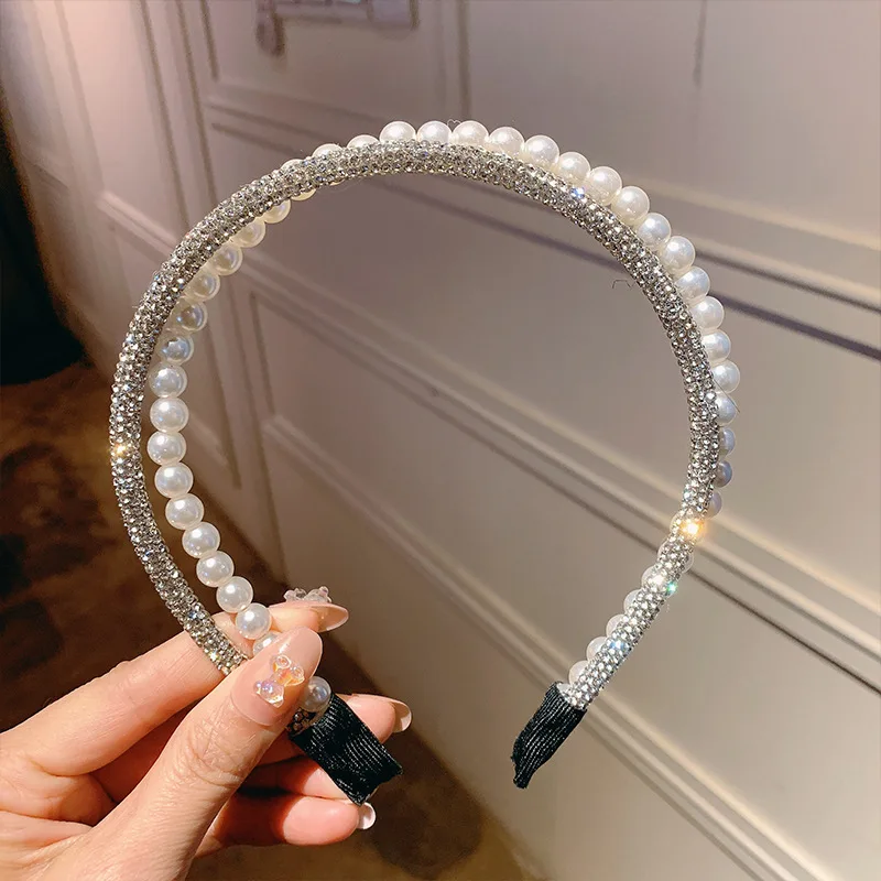 Fashion Luxury Shining Rhinestone Simulated-pearl Hairband Party Double Layer Headband Women Vintage Elegant Hair Hoop Headwrap