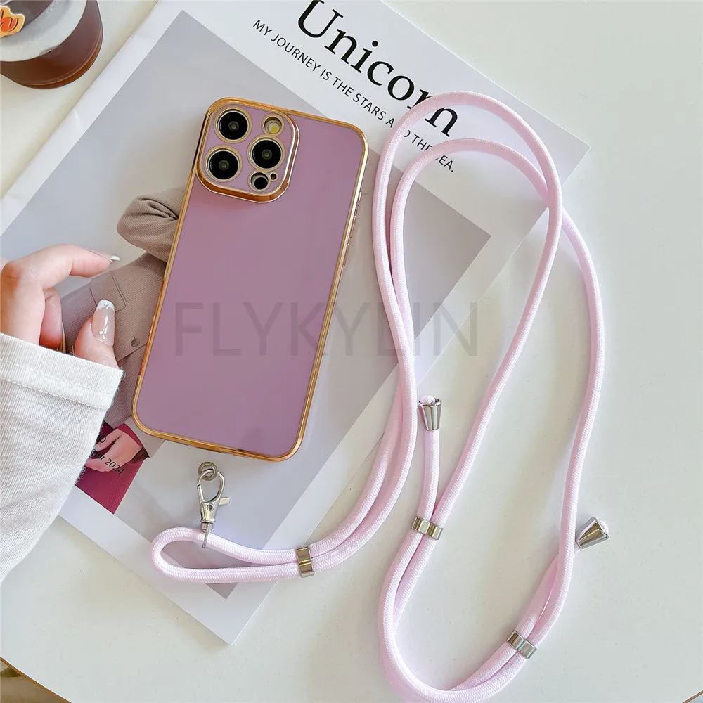 Plating Crossbody Lanyard Strap Phone Case For iPhone 15 14 13 12 11 Pro Max XS Max X XR 8 7 Plus SE 2020 Soft Silicone Cover