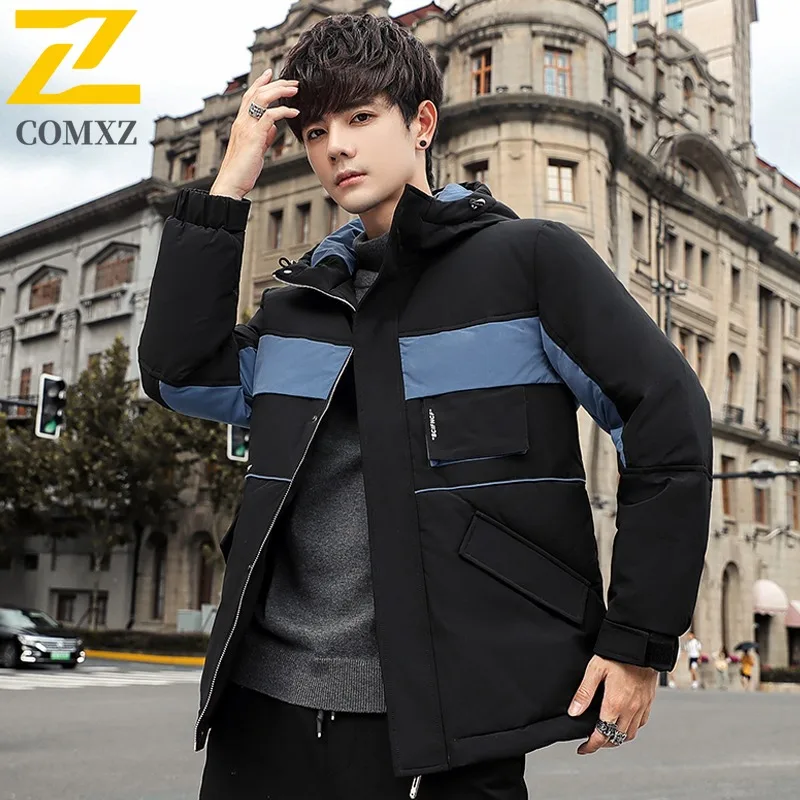COMXZ 2025 Luxury Men Down Jacket Stand Collar Splicing Urban Adventure Windproof Coat Fashion Street Thicken Warm Winter  Coat