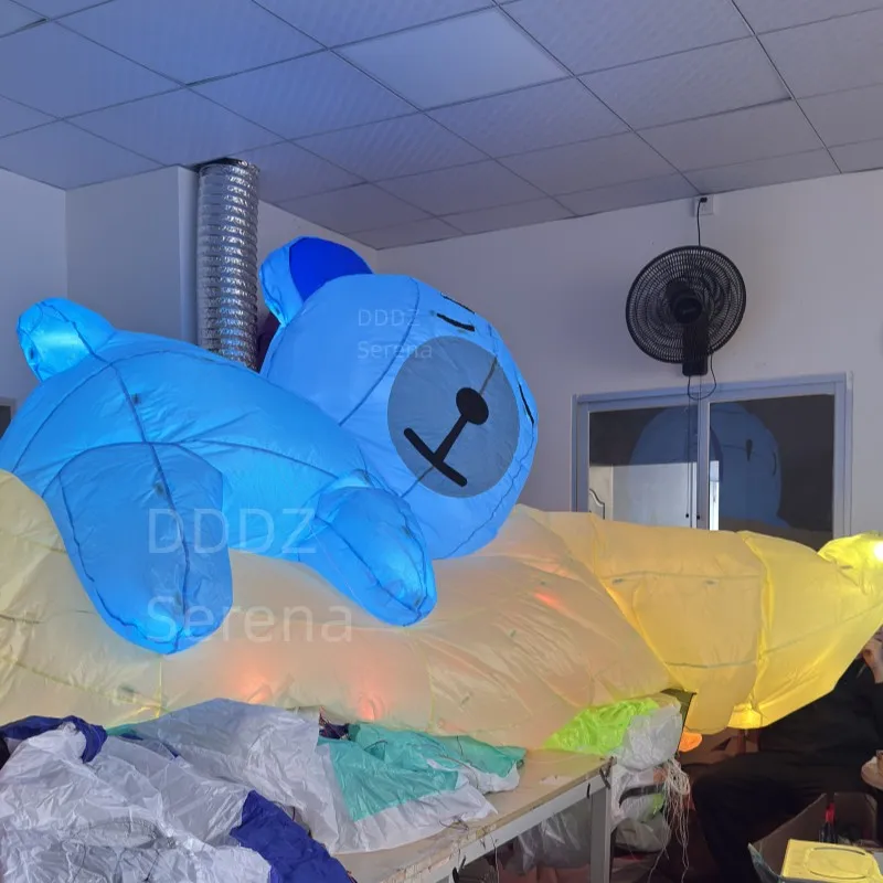 DDDZ 4M LED Bär-Mond-Linien-Luftschlepp, weicher aufblasbarer Teddybär-Luftschlepp mit Schwanzdekoration, 40D Ripstop-Nylon für Nachtshows & Drachenfliegen