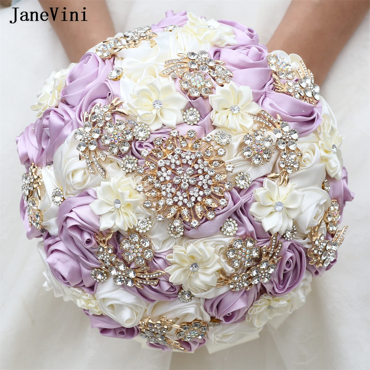 

JaneVini Bling Golden Rhinestones Bridal Bouquets Artificial Light Purple Satin Roses Bride Bouquet Flowers Wedding Accessories