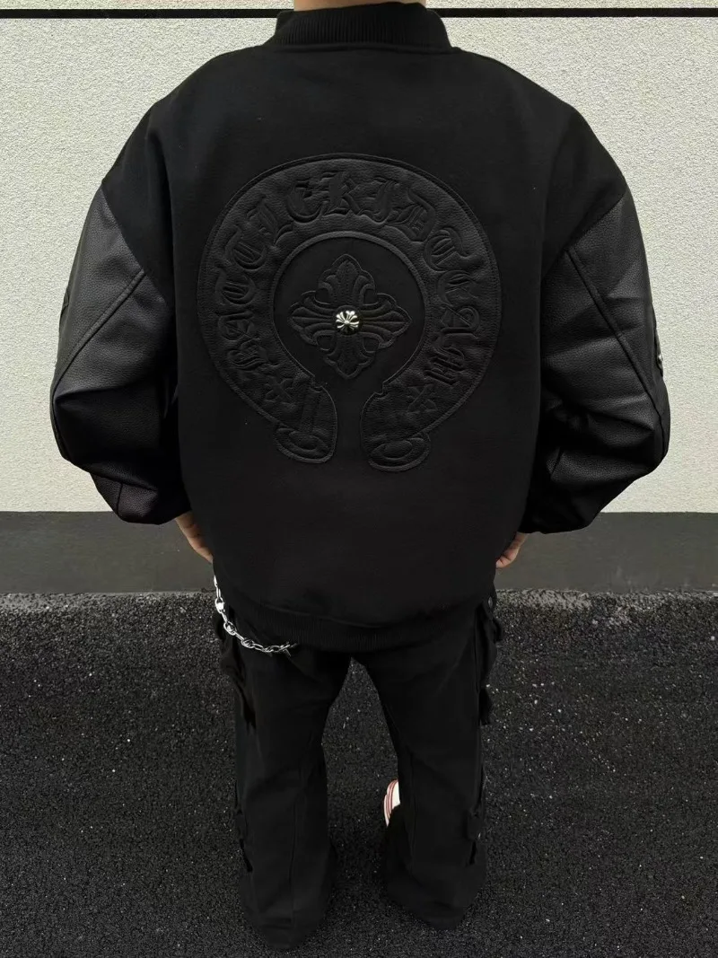 Retro Embroidered Bomber Jacket Men Spliced PU Leather Sleeves Streetwear Baseball Jacket Coats Varsity Jacket Men Clothing