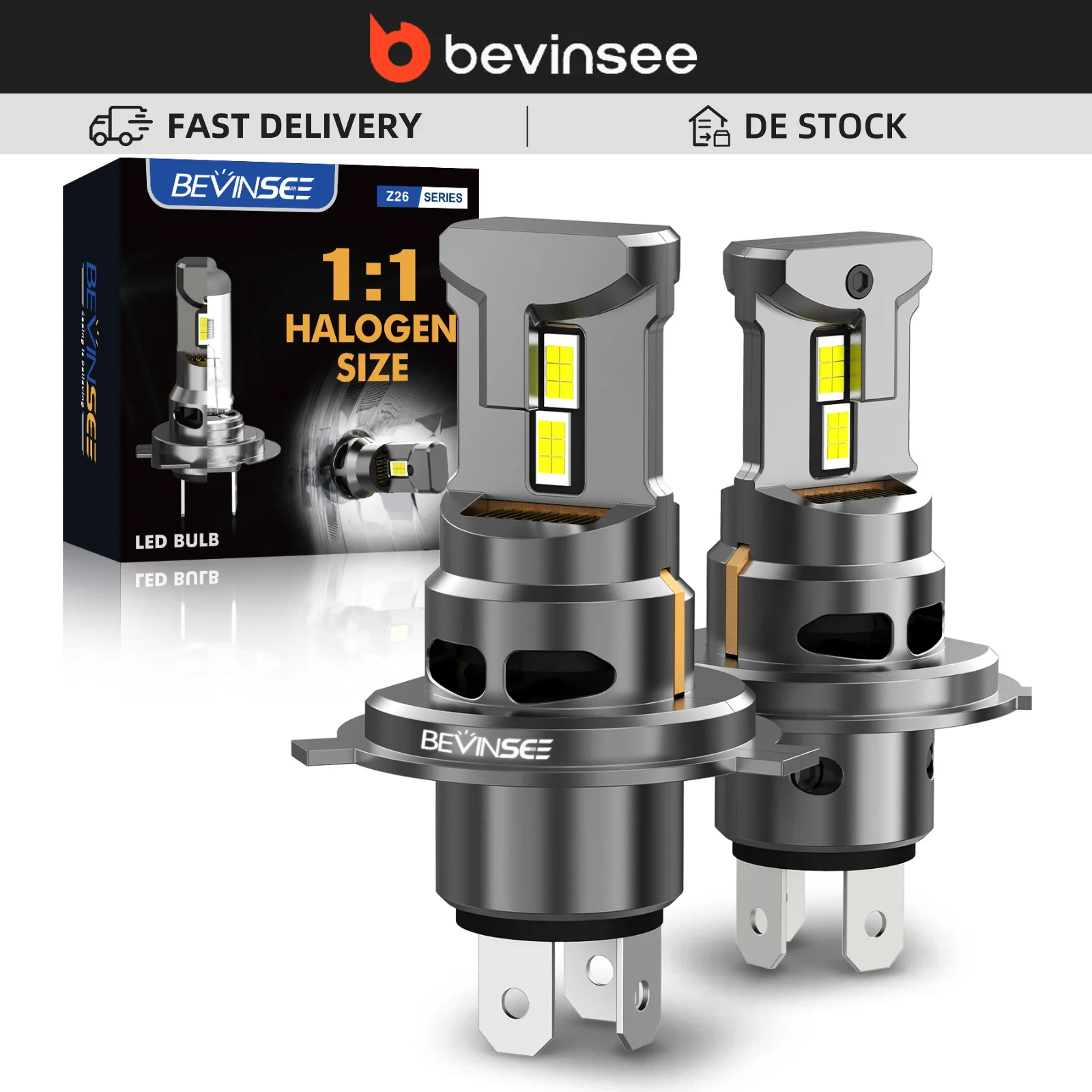 BEVINSEE H4 LED Auto-Scheinwerferlampen Fern-/Abblendlicht CANBUS Fehlerfrei 70W 12000LM Superhell Turbofan Kabellos Plug&Play 6000K Weiß 12V, Halogen-Upgrade
