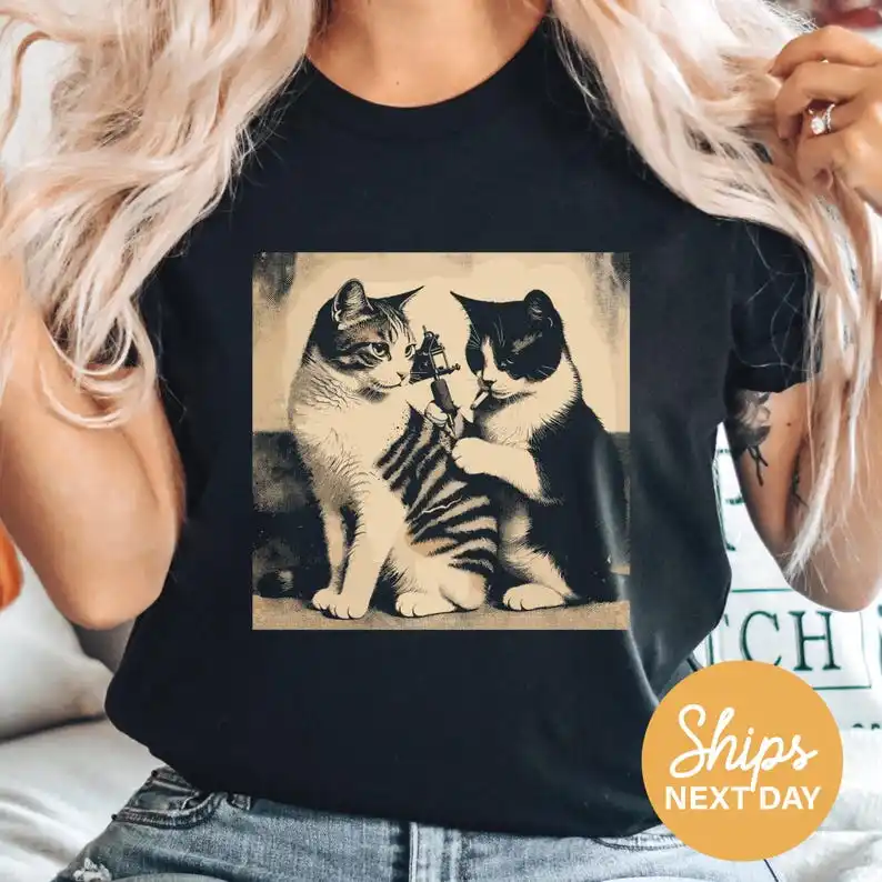 Cat Graphic T-shirt, Meme, Retro Cat Tattoo Meme Vintage  Shirt