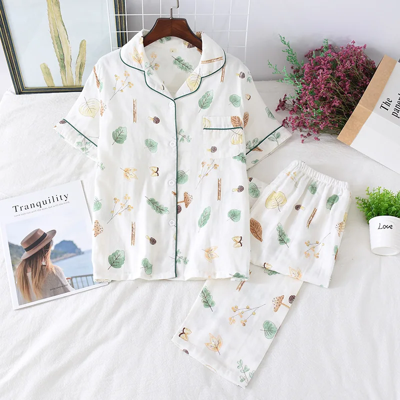 2024 Japanese new spring and summer short-sleeved trousers pajamas 2-piece set 100% cotton gauze flower cartoon home service set