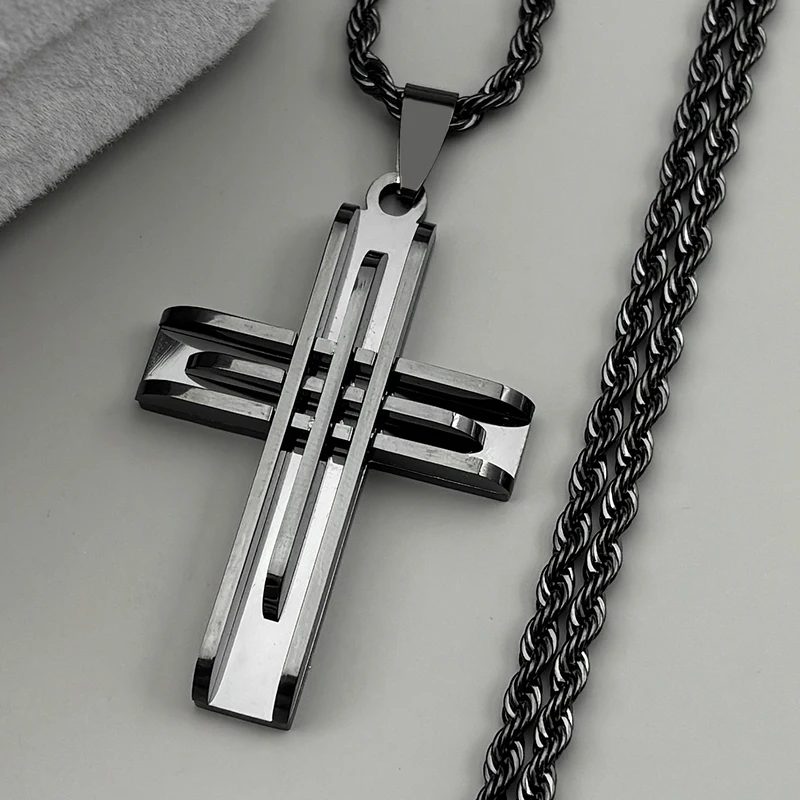 

Dark Punk Cross Pendant Necklace For Women Men Stainless Steel Black Multilayer Christianity Religion Chain Jewelry Gifts