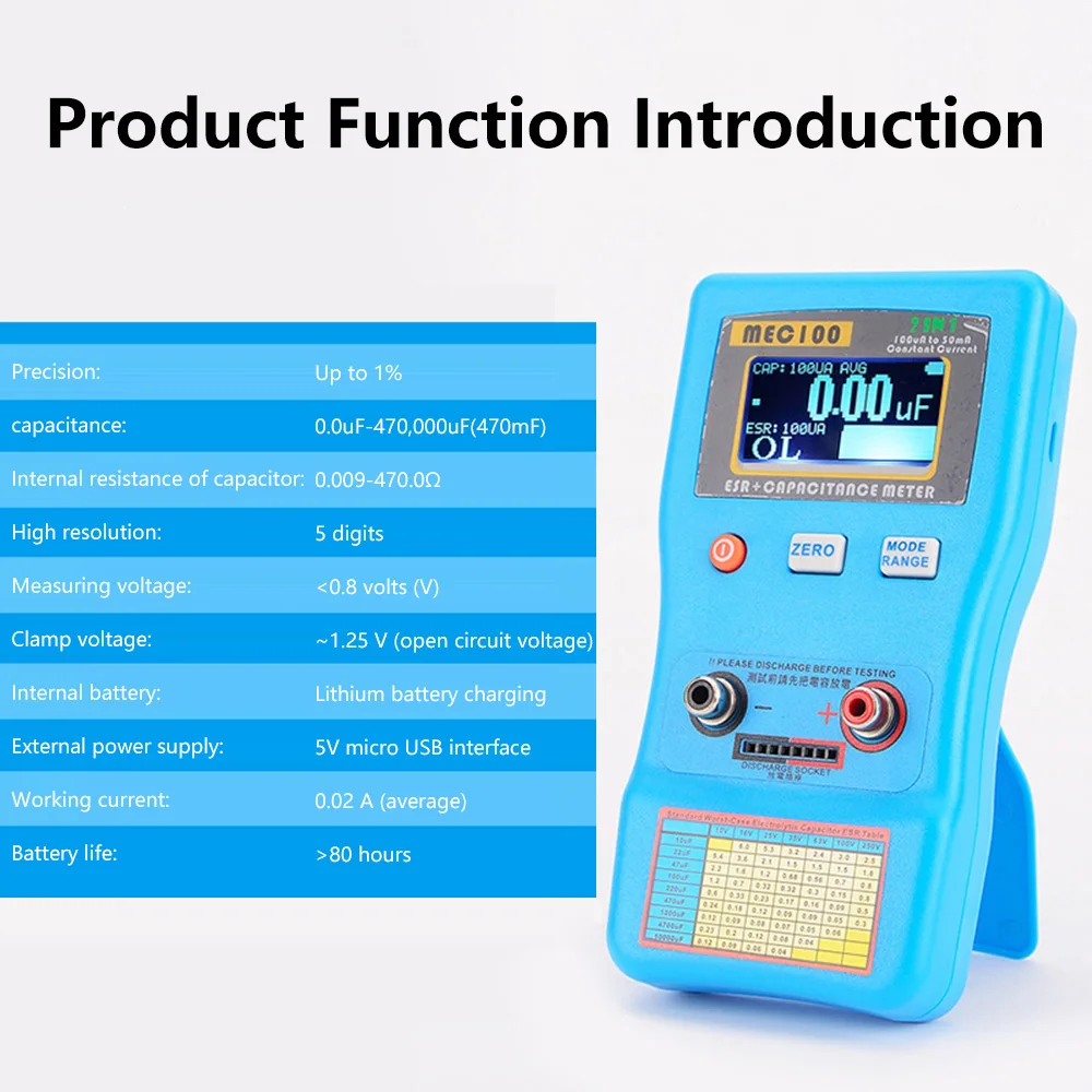 MEC-100 ESR Multi-Meter Capacitance Ohm Meter Professional Measuring Internal Resistance of Capacitor Capacitance Circuit Tester