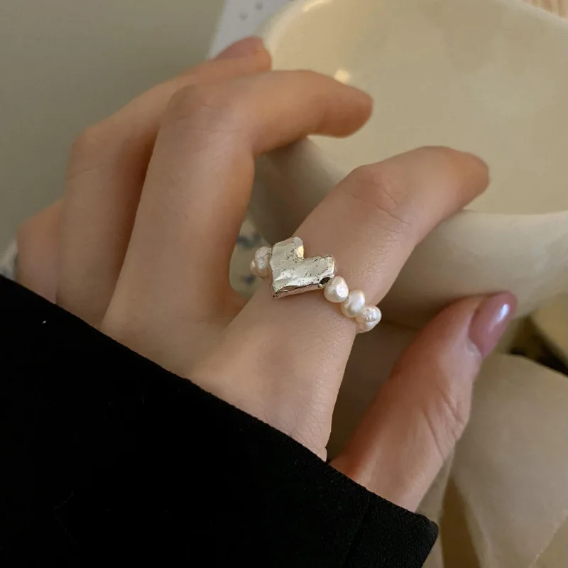 925 Silver Open Finger Ring Heart Pearls String Irregular Geometric Stackable For Women Girl Jewelry Gift Dropship Wholesale
