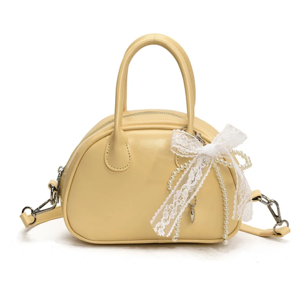 

Sweet Bowling Shoulder Bag PU Leather with Pearl Pendant Boston Crossbody Bag Solid Color Korean Style Pillow Handbag Outdoor
