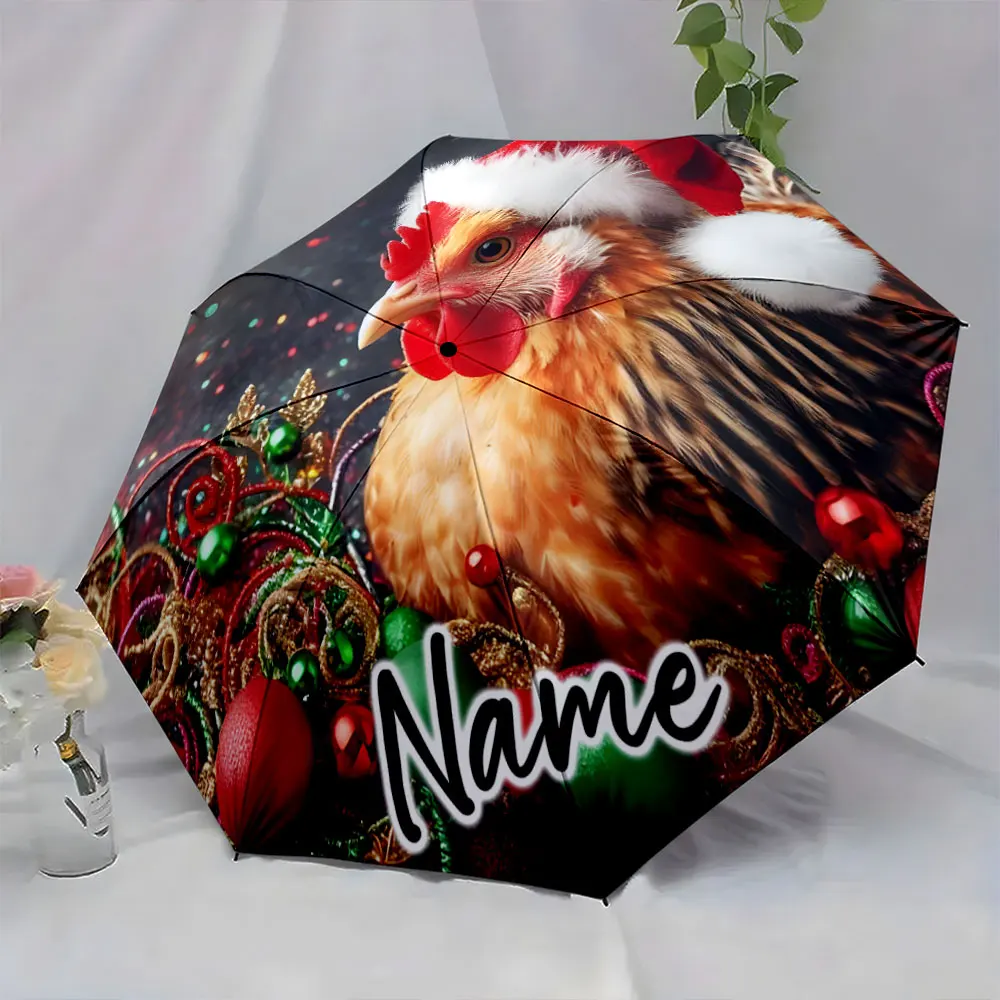 Custom Name Festive Chicken Santa Umbrella with Colorful Holiday Design 8 Iron Ribs Folding Umbrella Auto-Open Fashion Sunshade