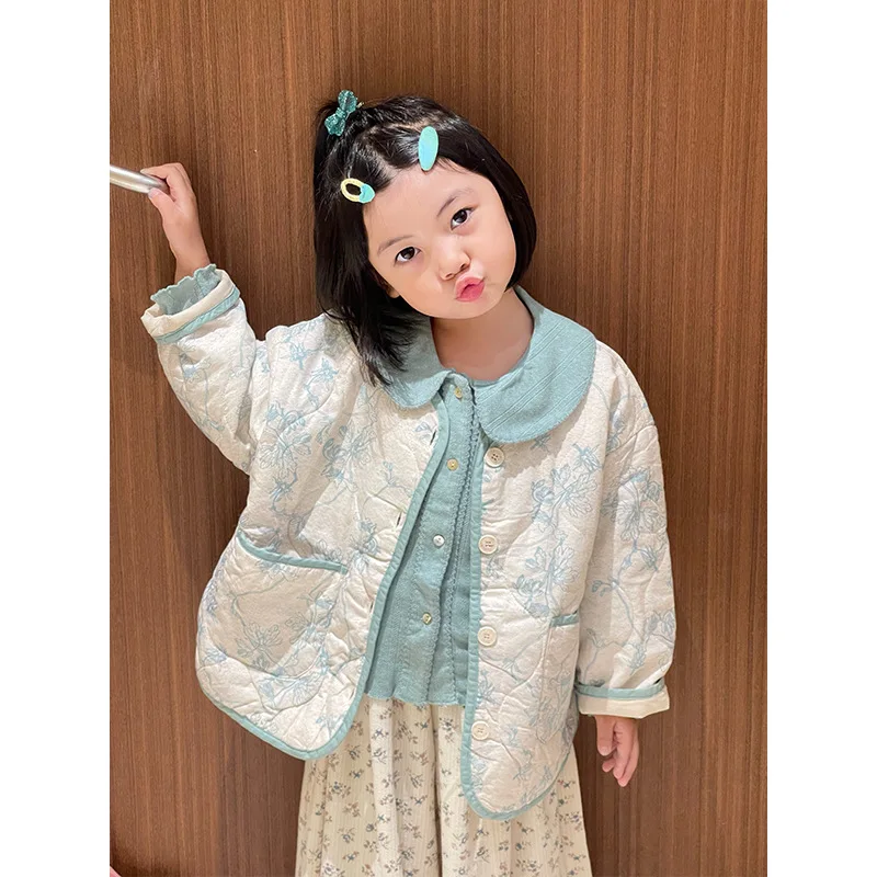 

Girls Suits Children 2024 New Winter Padded Cotton Coat and Sweater Top and Flower Pants Three-piece Set Clothes Fashion Suits