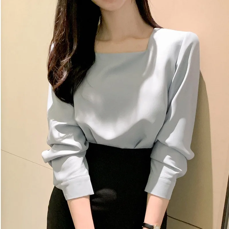 Elegant Pure Color Shoulder Pad Top Women's Square Collar Gentle Wind Versatile Basic Style Polyester Fiber Casual Wear