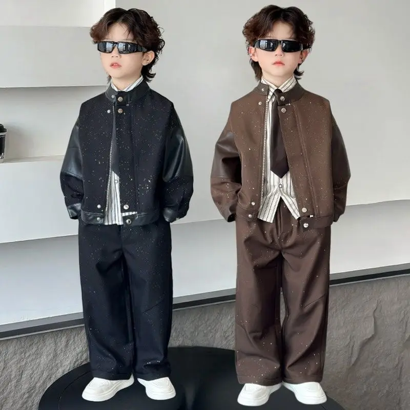 3 PCS set Autumn Spring Boy Retro Stripes TShirt+Shiny Coat+Pants Kid Children baby Gentleman Handsome Streetwear Suits Clothes