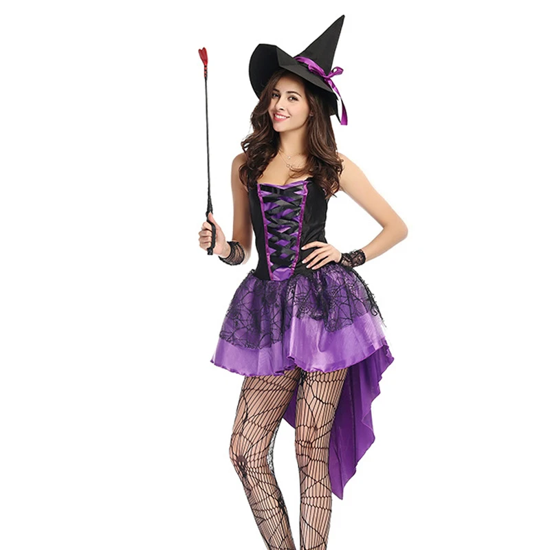 Carnival Halloween Lady Purple Elegant Witch Costume Cute Tuxedo Magic Sorceress Playsuit Cosplay Fancy Party Dress
