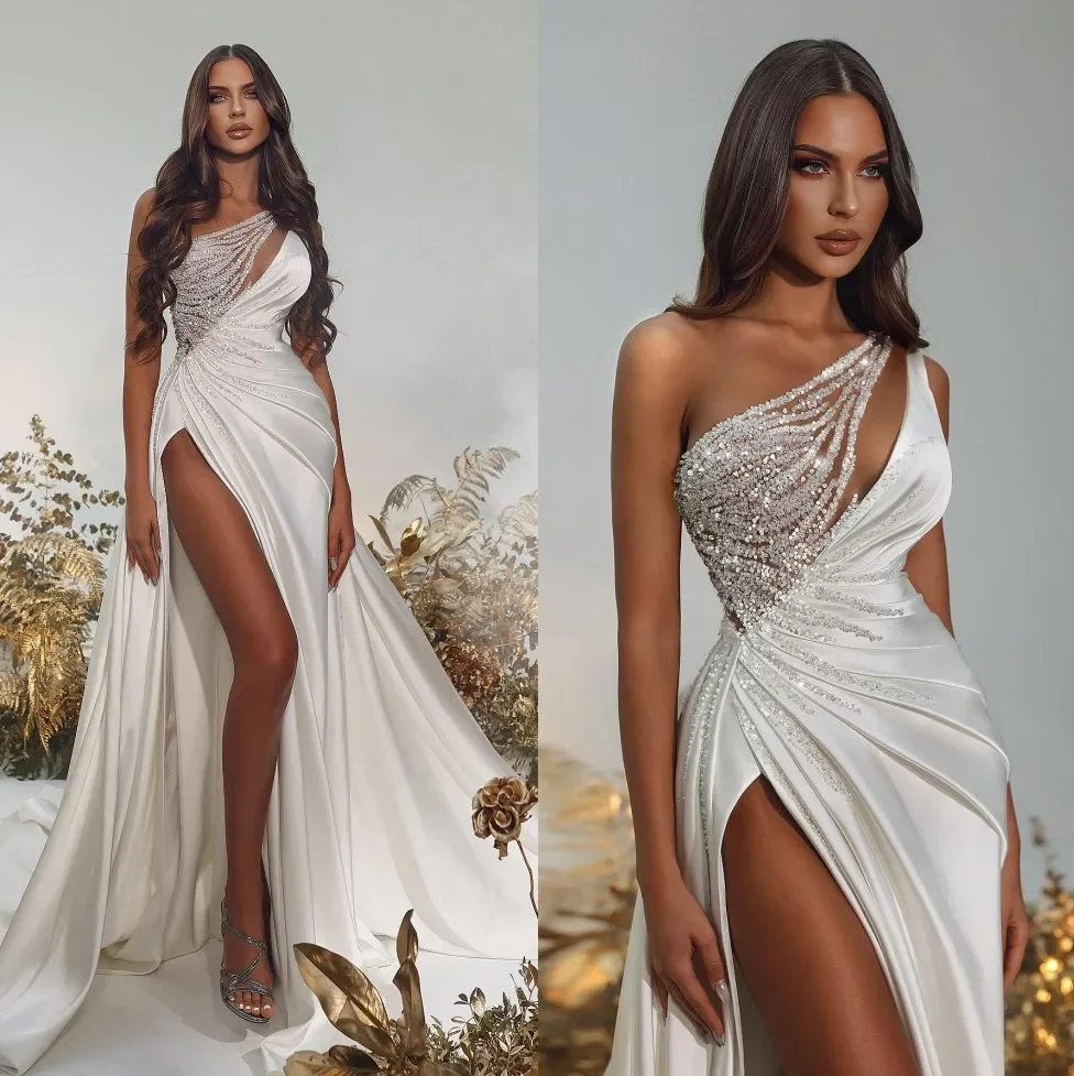 Eleganti abiti da sposa a sirena abiti da sposa con paillettes scollo a cuore Sexy Satin Side Split Sweep Train Vestido De Novia 2024