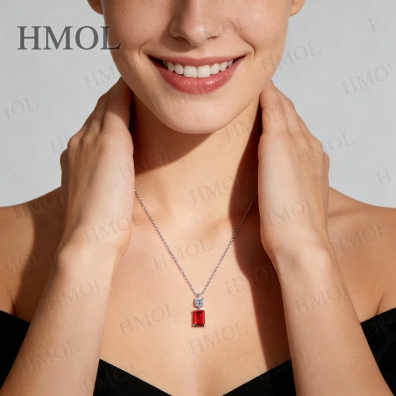 1.5/2ct Emerald Cut Pendant Lab Grown Columbia Emerald Ruby Necklace White Gold Statement Fine Jewelry Gift for Christmas