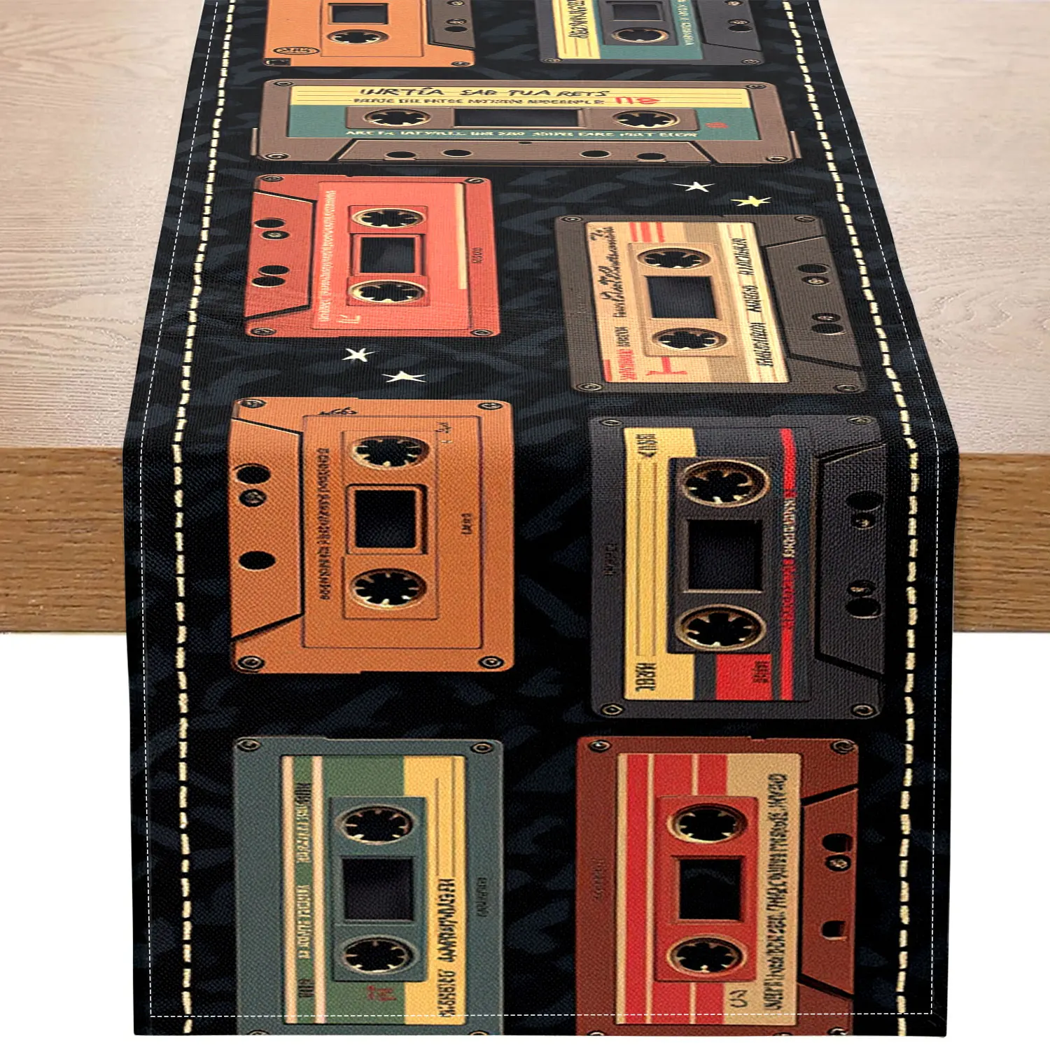 

Цельная дорожка для стола в стиле ретро с яркими узорами на ленте, подходит для музыкальных вечеринок и украшения дома