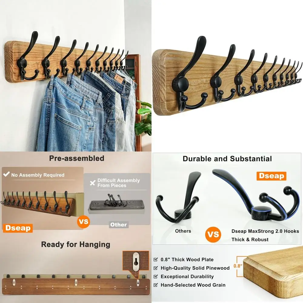 

Винтажная вешалка для одежды из массива дерева - 38,25 дюймов в длину, с 10 усиленными крючками, цвет состаренный коричневый и черный, для хранения в прихожей