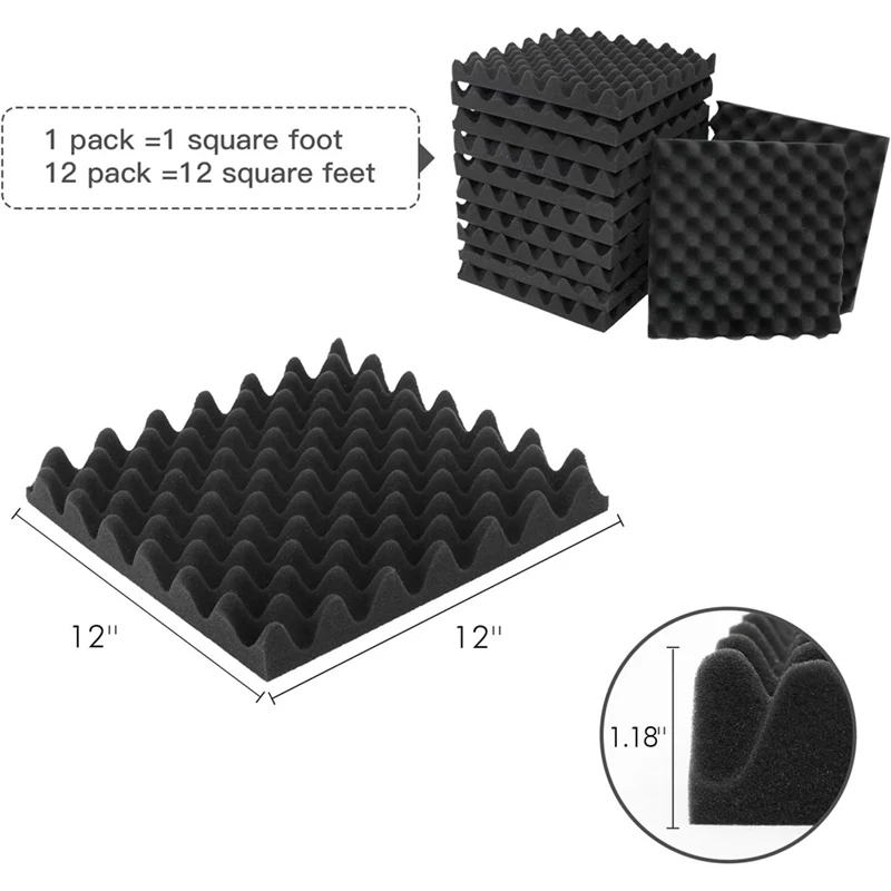 

T61C_12 Pack Self-Adhesive Sound Proof Foam Panels, High Density Soundproof Wall Panels Egg Crate Sound Panels - 1.18x12x12In