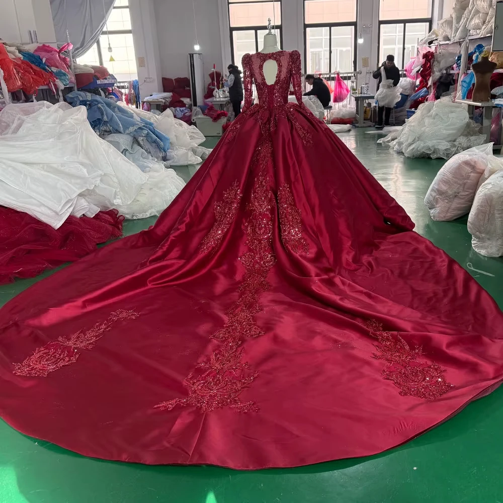 Vestido de noche para mujer, manga larga, cuello redondo, con cordones, ojo de cerradura en la espalda, bordado de cristal, vestidos largos rojos con cuentas para ocasiones especiales