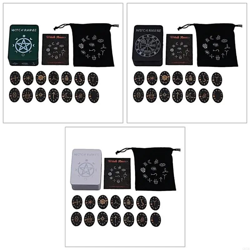 G6DE Witch Rune Engraved Magicals Symbol 14Pc Rune Cards 1pc Bag 1pc Case Cultural Art for Fashion Enthusiasts Visible Symbol