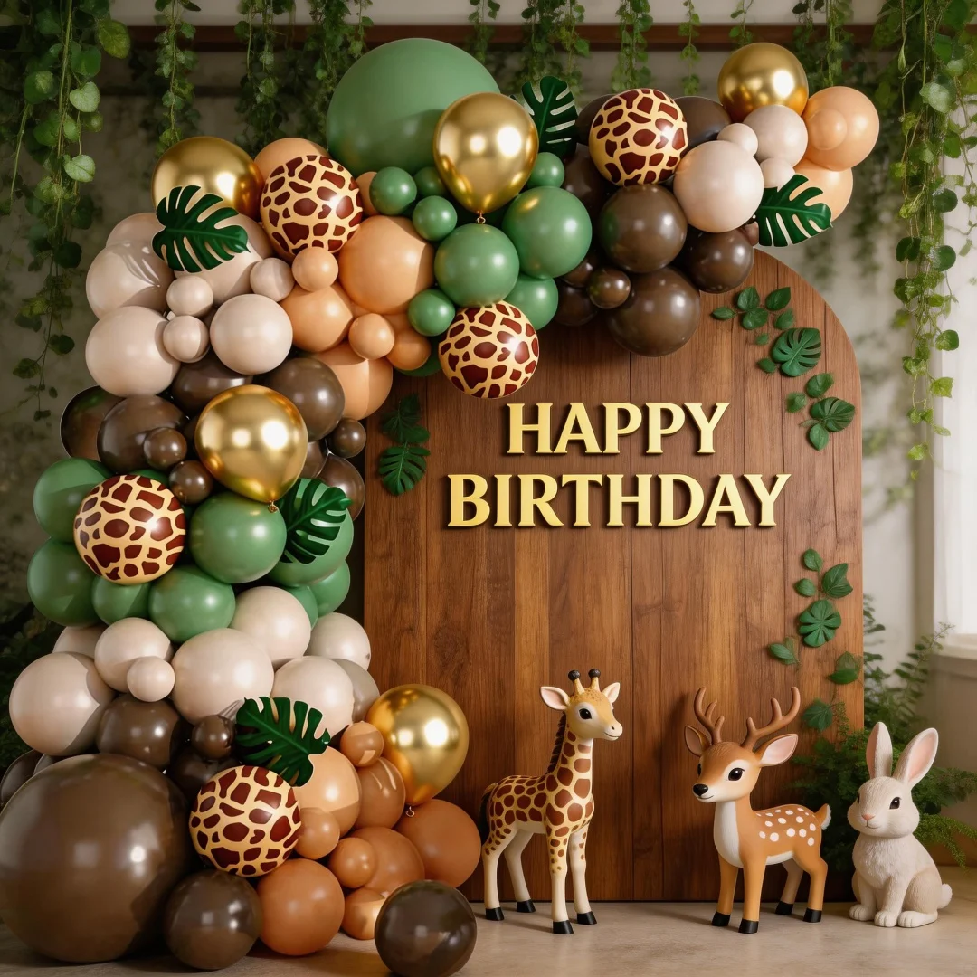 Conjunto de Guirlanda de Balões com Tema de Safari na Selva com 114 Peças, Balões em Verde Sálvia, Marrom e Estampa de Animais, Suprimentos para Festa de Aniversário com Tema de Girafa. Decoração para Chuveiro. Decoraç