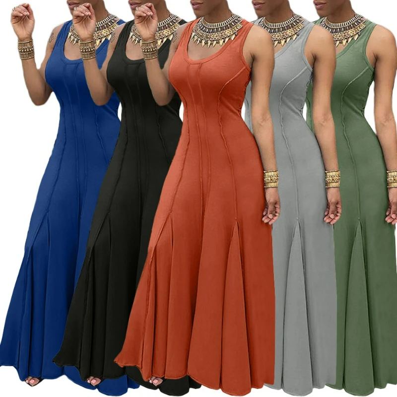 

Long Dress Women Patchwork Solid Sleeveless High Waist Maxi Spliced Dresses Elegant A Line Casual Lady Vestidos Summer 2025