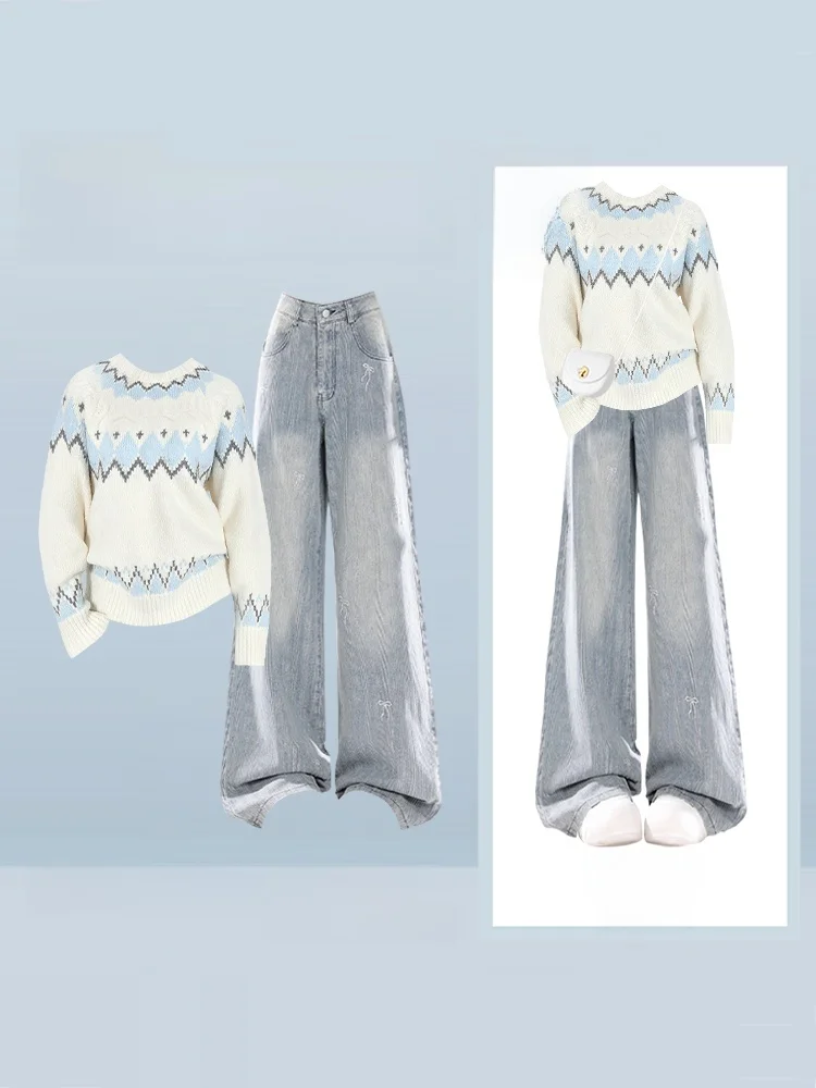 

Ele Korean Sle Knitted Sweater And Wide Leg Jeans Color Blo round Ne Faion Set for Women Winter Age Reduction