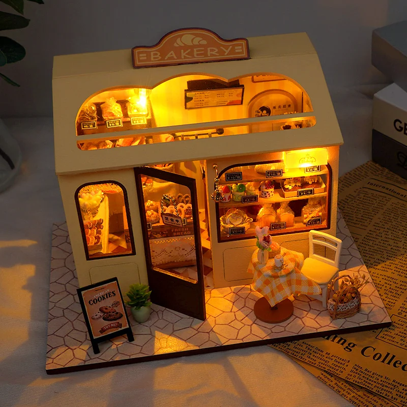 DIY Holz Miniatur Modell Kit Bäckerei Shop Casa Puppenhäuser 3D Puzzle Puppenhaus mit Möbel Lichtern für Freunde Geburtstagsgeschenk