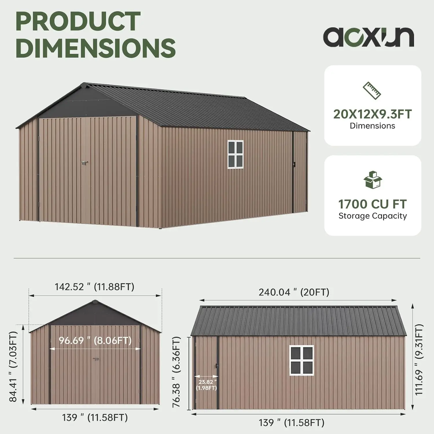 12'x20'x9.3' Large Metal Outdoor Storage Shed Garage with Lights, Customized