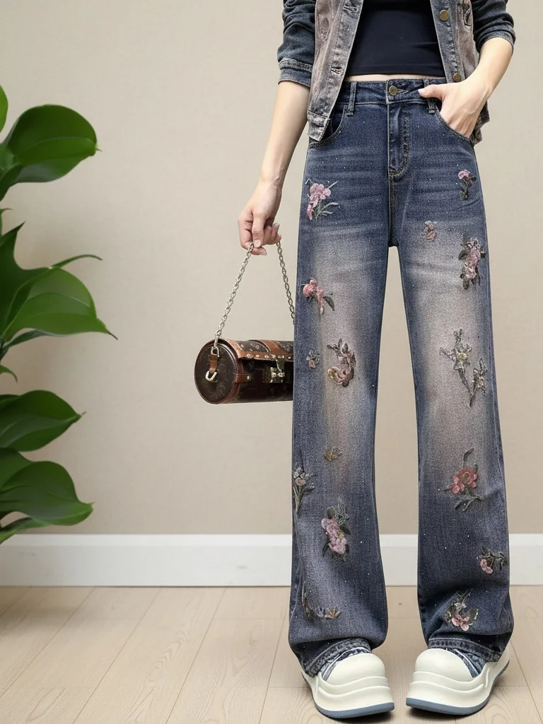 

Faionable Retro Embroidered Pink Flower Wide Leg Jeans High Waist Slimming Women's Casual Sle Multi-ket High Waist Denim