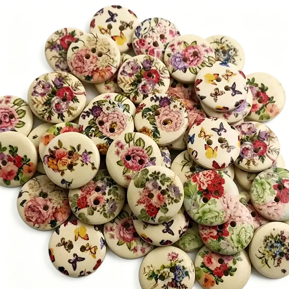 150PCS 20MM Mixed Flowers Pattern 2-holes Round Wooden Buttons for Sewing Clothing Scrapbooking Crafts Home Decor Wood Crafts